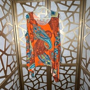 One Size Orange White Paisley Sequin Cold Shoulder Caftan Top